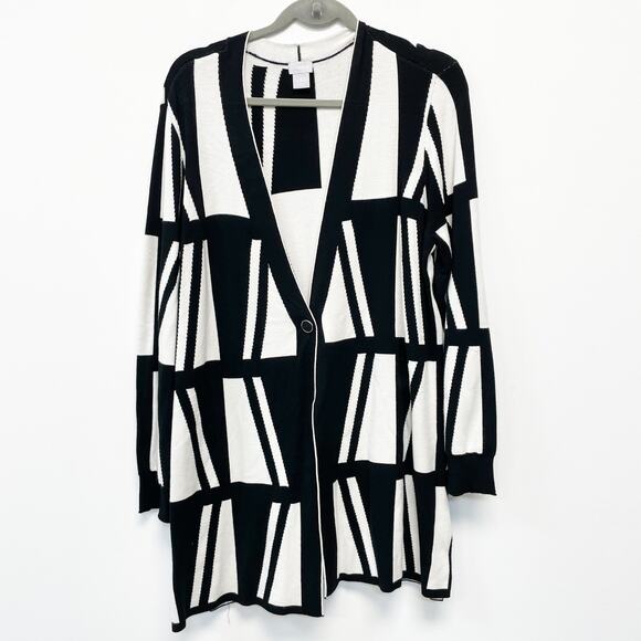 Chico's Women 2 Black White Print Single Button Classic Fit Lightweight Cardigan - Picture 1 of 5